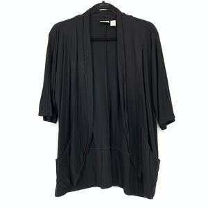 Chicos Zenergy Womens Sz 2 L Draped Cardigan Jacket Black Open Front Pockets